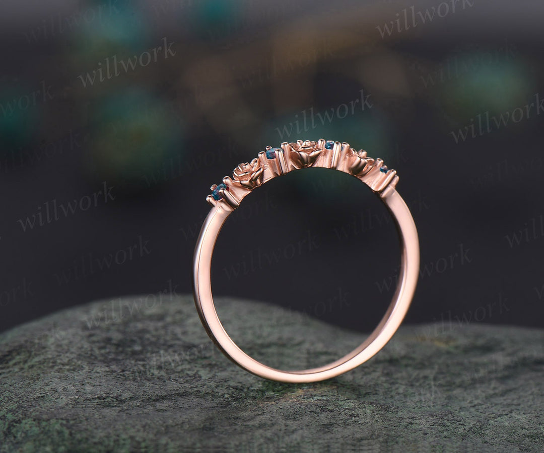 Dainty flower Alexandrite wedding band solid 14k rose gold stacking unique vintage wedding ring band for women anniversary ring gift