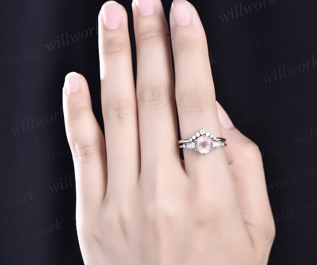 Unique rose quartz wedding ring set vintage rose quartz engagement ring set five stone rose gold ring set moissanite bridal ring set women