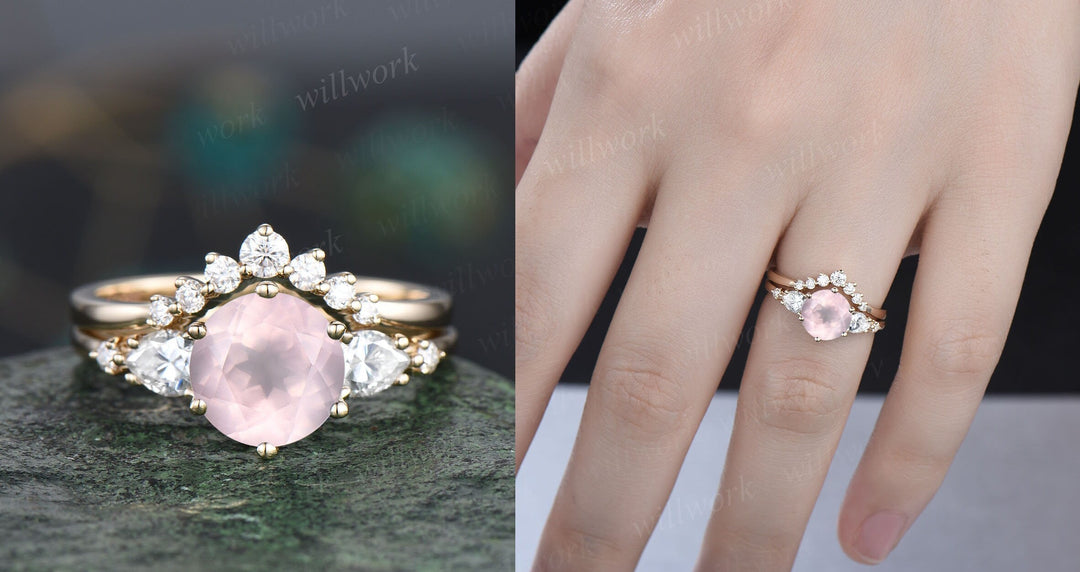 Unique rose quartz wedding ring set vintage rose quartz engagement ring set five stone rose gold ring set moissanite bridal ring set women