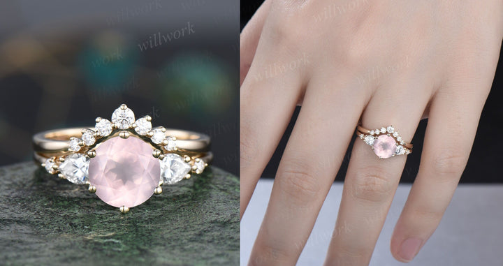 Unique rose quartz wedding ring set vintage rose quartz engagement ring set five stone rose gold ring set moissanite bridal ring set women