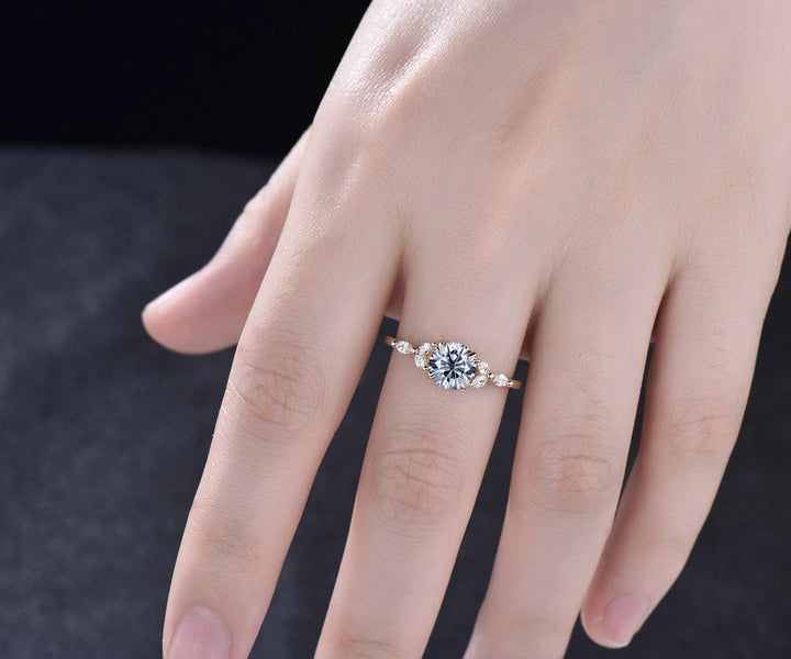1ct round gray moissanite engagement ring yellow gold dainty cluster marquise cut diamond ring women unique promise anniversary ring gifts
