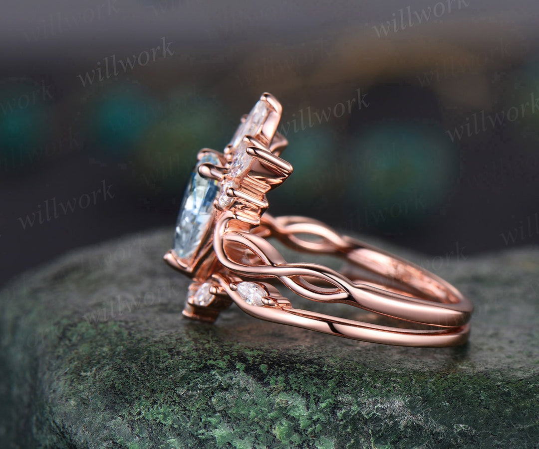 Vintage pear shaped Aquamarine engagement ring set art deco crown cluster rose gold ring women infinity diamond promise ring set her gift