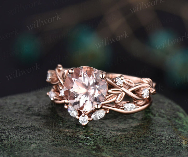 2ct Twig round cut morganite engagement ring 14k rose gold art deco five stone leaf branch Nature inspired diamond wedding ring for women