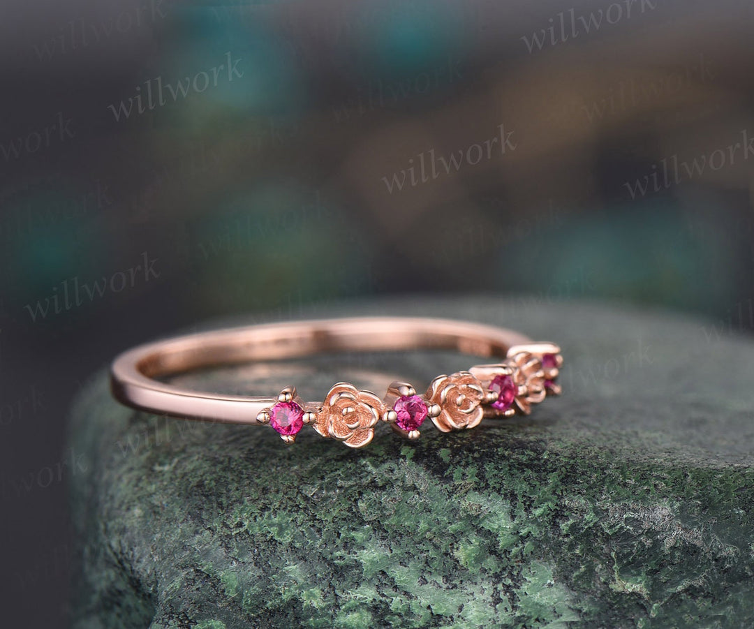 Dainty flower natural ruby wedding band solid 14k rose gold stacking unique vintage wedding ring band for women anniversary ring gift