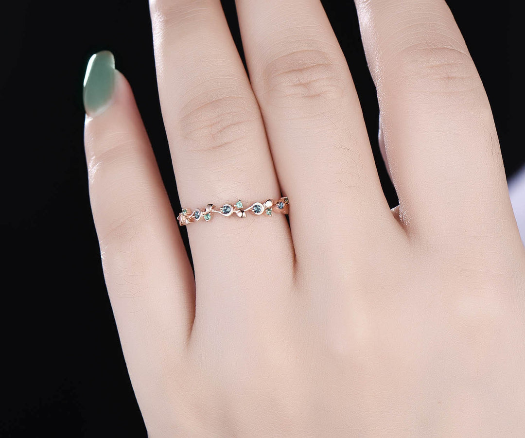 Unique natural emerald alexandrite wedding band leaf 14k rose gold stacking vintage dainty wedding ring band women anniversary ring gift