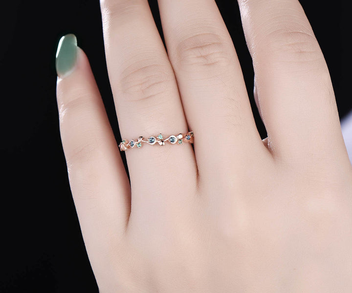 Unique natural emerald alexandrite wedding band leaf 14k rose gold stacking vintage dainty wedding ring band women anniversary ring gift