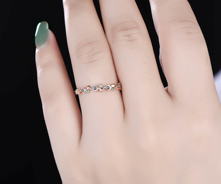 Unique emerald alexandrite wedding band leaf 14k rose gold stacking matching vintage dainty wedding ring band women anniversary ring gift