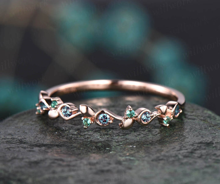 Unique natural emerald alexandrite wedding band leaf 14k rose gold stacking vintage dainty wedding ring band women anniversary ring gift
