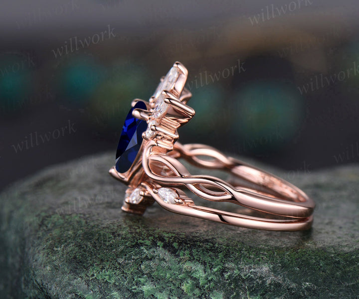 Vintage pear shaped blue sapphire engagement ring set art deco rose gold ring crown cluster opal ring women unique moissanite wedding ring