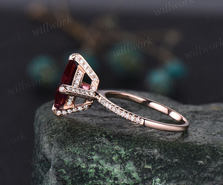 Unique princess cut red garnet engagement ring 14k rose gold pyramid under halo basket diamond ring vintage half eternity wedding ring women