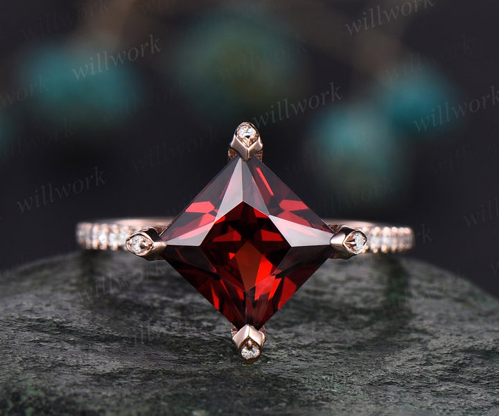 Unique princess cut red garnet engagement ring 14k rose gold pyramid under halo basket diamond ring vintage half eternity wedding ring women