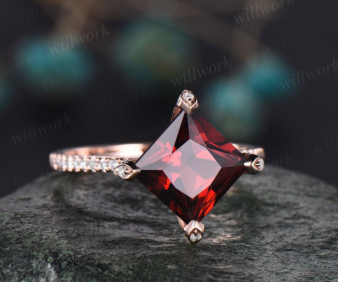 Unique princess cut red garnet engagement ring 14k rose gold pyramid under halo basket diamond ring vintage half eternity wedding ring women