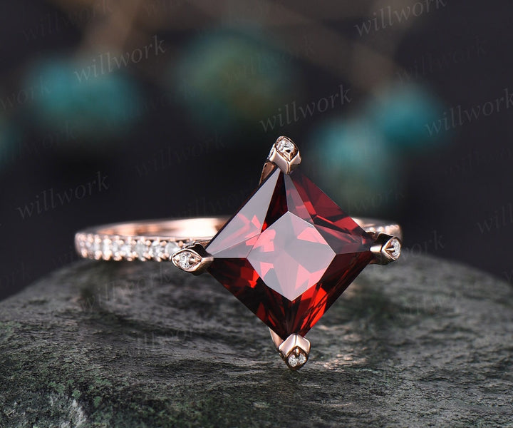 Unique princess cut red garnet engagement ring 14k rose gold pyramid under halo basket diamond ring vintage half eternity wedding ring women