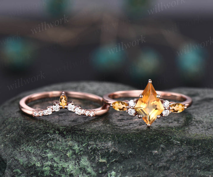 Kite cut yellow Citrine ring vintage rose gold unique engagement ring set art deco crystal ring diamond anniversary ring set for women gift