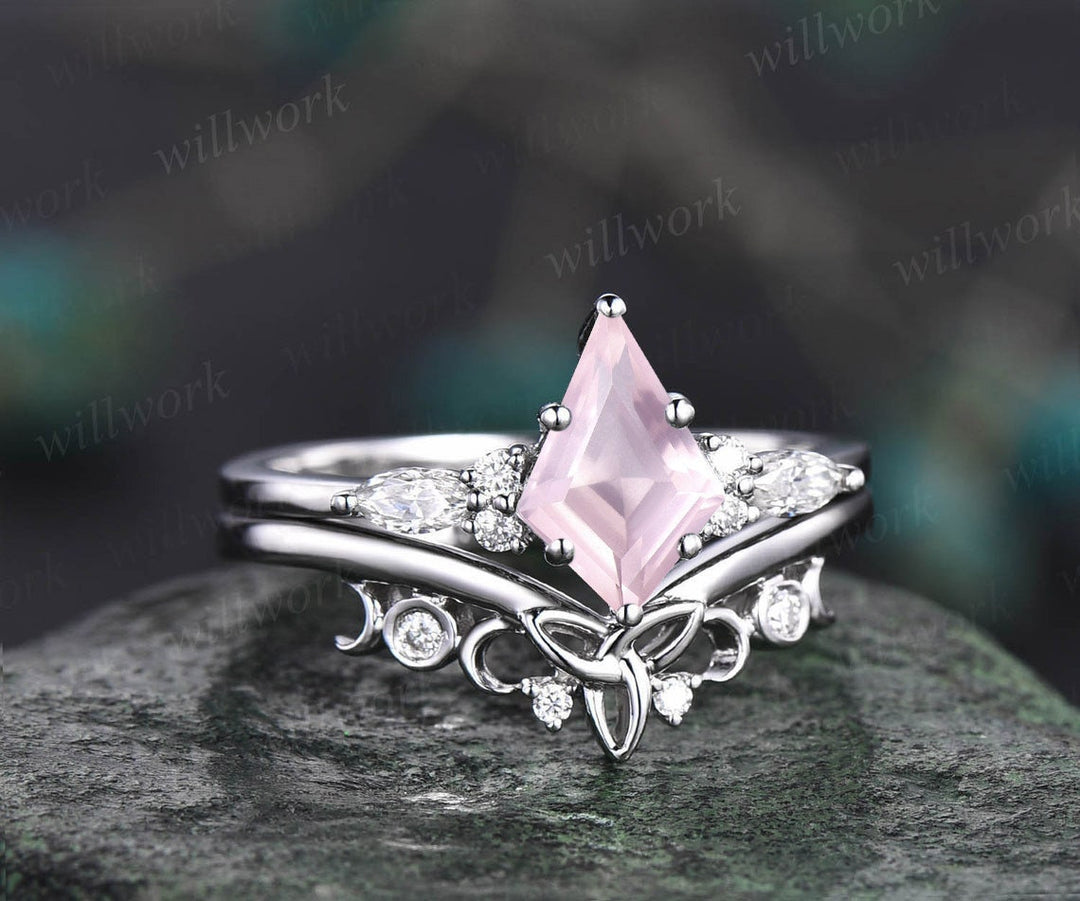 Kite cut rose quartz ring rose gold unique engagement ring set rose gold crystal ring art deco moissanite ring women Norse Viking Jewelry