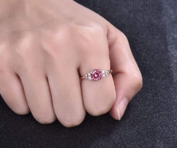 Hexagon cut natural pink tourmaline ring rose gold unique engagement ring set women snowdrift diamond ring 6 prong bridal wedding ring set