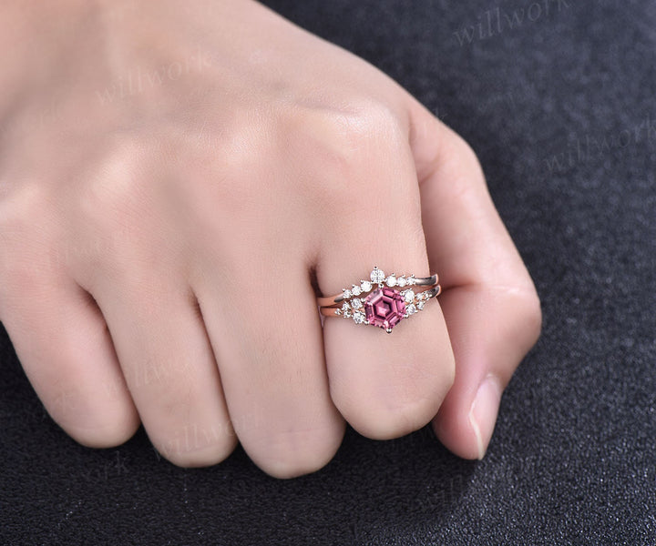 Hexagon cut natural pink tourmaline ring rose gold unique engagement ring set women snowdrift diamond ring 6 prong bridal wedding ring set