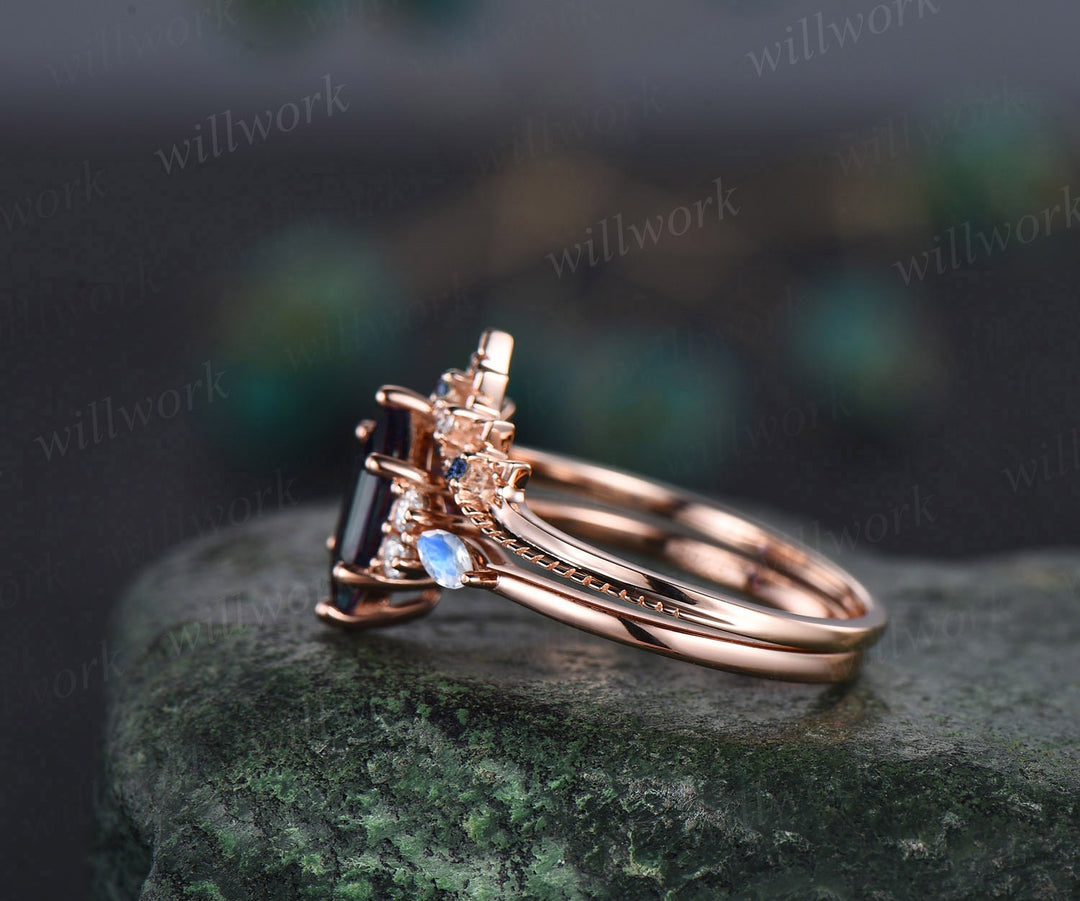 Vintage hexagon cut Alexandrite engagement ring set art deco rose gold moonstone ring women sapphire diamond promise anniversary ring set