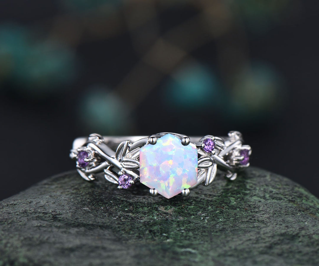 Twig opal ring vintage hexagon cut white opal engagement ring white gold leaf amethyst ring women October birthstone ring anniversary ring