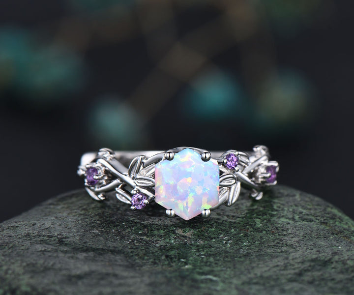Twig opal ring vintage hexagon cut white opal engagement ring white gold leaf amethyst ring women October birthstone ring anniversary ring