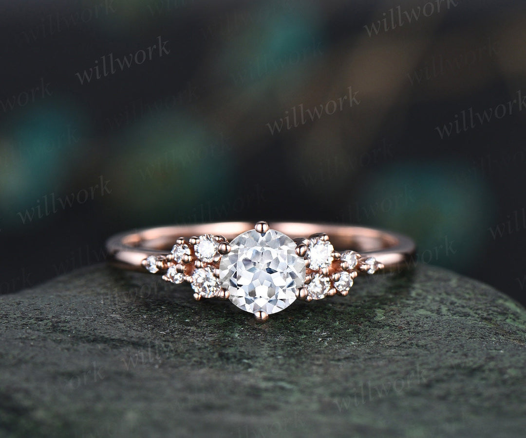 Round cut white sapphire ring vintage white sapphire engagement ring 14k white gold dainty snowdrift diamond ring women unique promise ring
