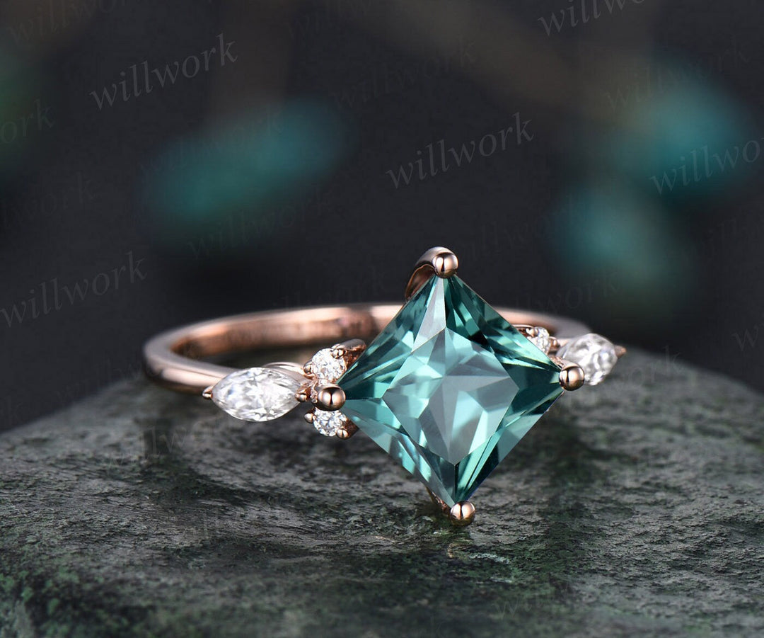 Princess cut green sapphire engagement ring set solid 14k rose gold art deco ring set moissanite ring women vintage bridal wedding ring set