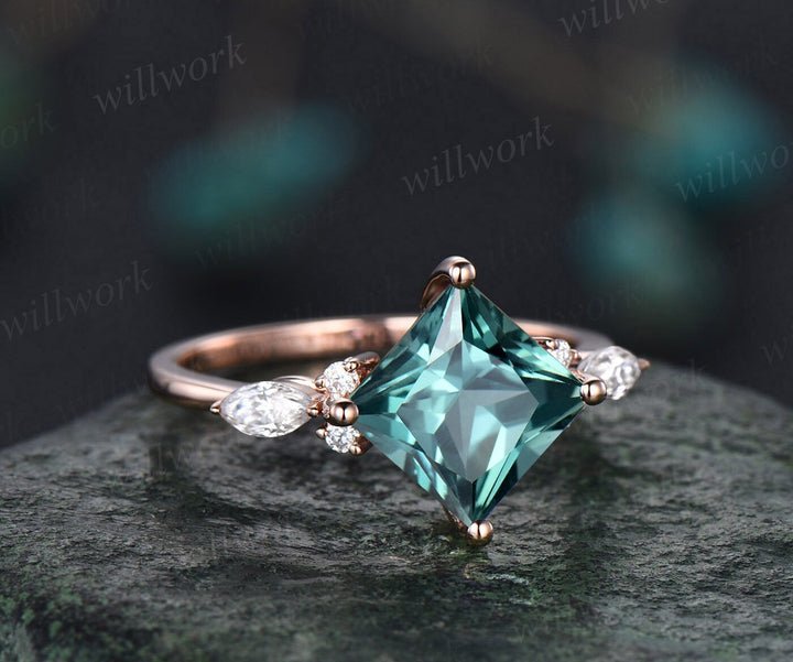 Princess cut green sapphire engagement ring set solid 14k rose gold art deco ring set moissanite ring women vintage bridal wedding ring set