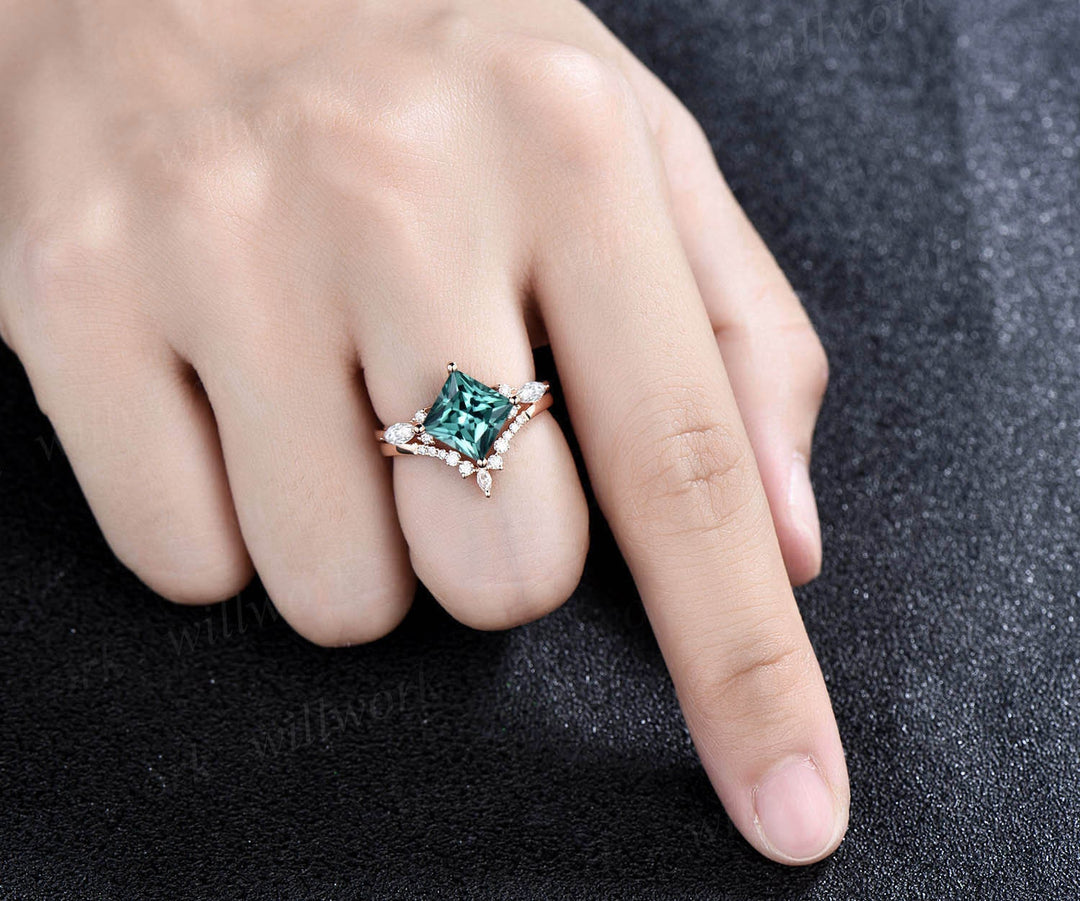 Princess cut green sapphire engagement ring set solid 14k rose gold art deco ring set moissanite ring women vintage bridal wedding ring set