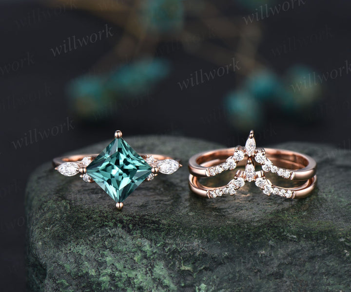 Princess cut green sapphire engagement ring set solid 14k rose gold art deco ring set moissanite ring women vintage bridal wedding ring set
