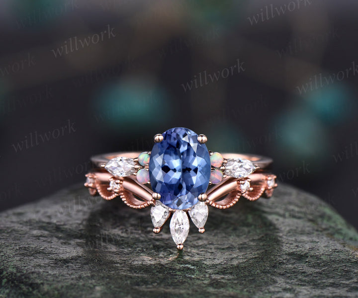 Vintage oval cut Tanzanite engagement ring solid 14k rose gold opal ring art deco antique diamond ring set women moissanite ring jewelry