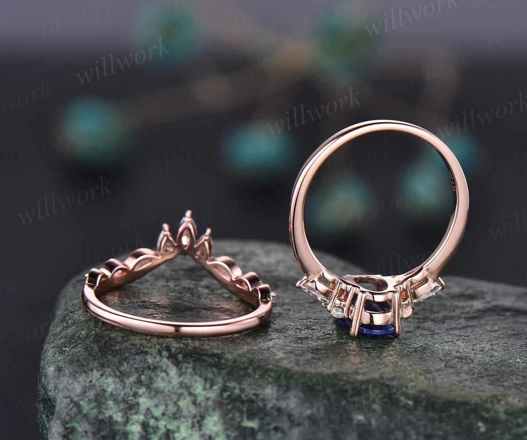 Vintage oval cut Tanzanite engagement ring solid 14k rose gold opal ring art deco antique diamond ring set women moissanite ring jewelry