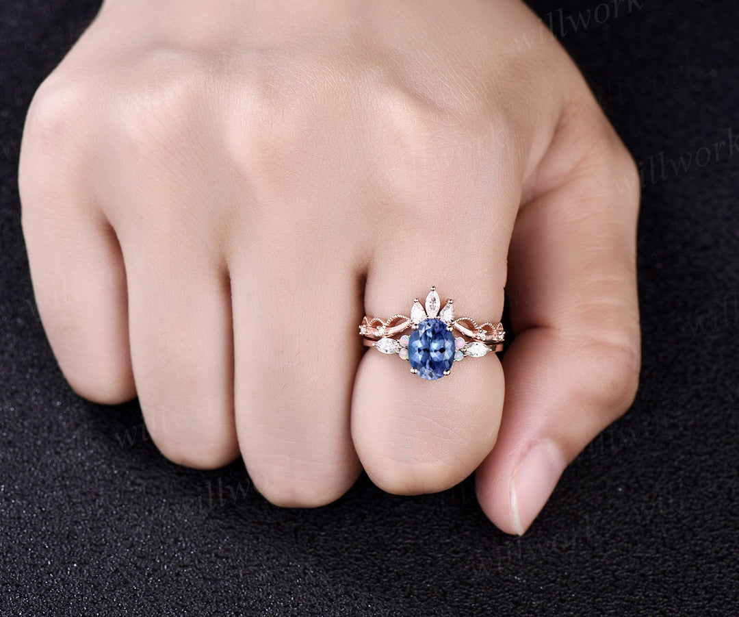 Vintage oval cut Tanzanite engagement ring solid 14k rose gold opal ring art deco antique diamond ring set women moissanite ring jewelry