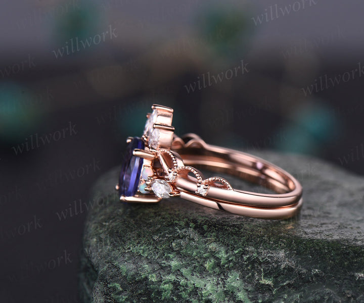 Vintage oval cut Tanzanite engagement ring solid 14k rose gold opal ring art deco antique diamond ring set women moissanite ring jewelry