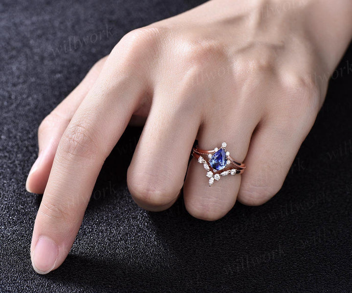Pear shaped Tanzanite ring solid 14k rose gold unique Tanzanite engagement ring diamond ring vintage moissanite bridal set