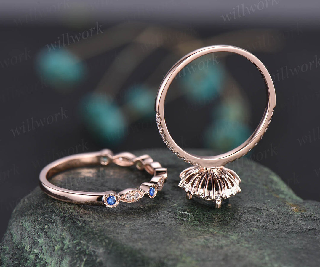 Oval cut Tanzanite engagement ring set solid 14k rose gold snowdrift moissanite ring art deco sapphire diamond wedding ring band for women