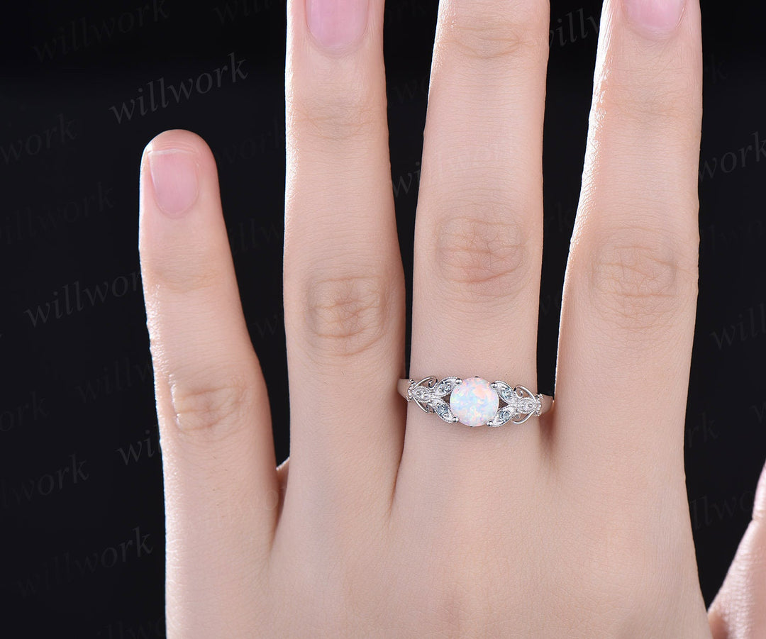 Round cut opal ring vintage white opal engagement ring solid 14k white butterfly alexandrite diamond ring unique anniversary ring women gift