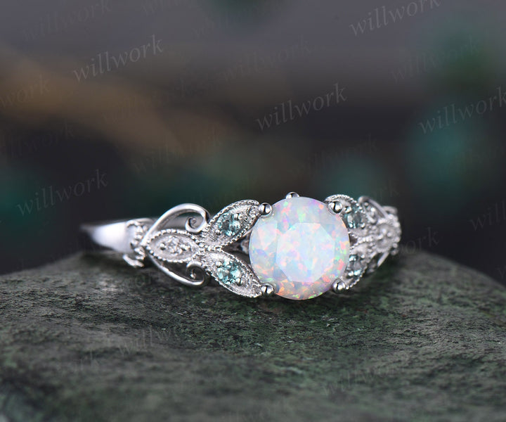 Round cut opal ring vintage white opal engagement ring solid 14k white butterfly alexandrite diamond ring unique anniversary ring women gift