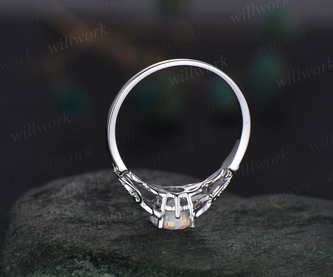 Round cut opal ring vintage white opal engagement ring solid 14k white butterfly alexandrite diamond ring unique anniversary ring women gift