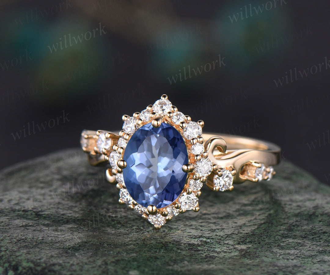 Vintage oval cut Tanzanite engagement ring solid 14k yellow gold snowdrift halo diamond ring unique wedding bridal ring women fine jewelry