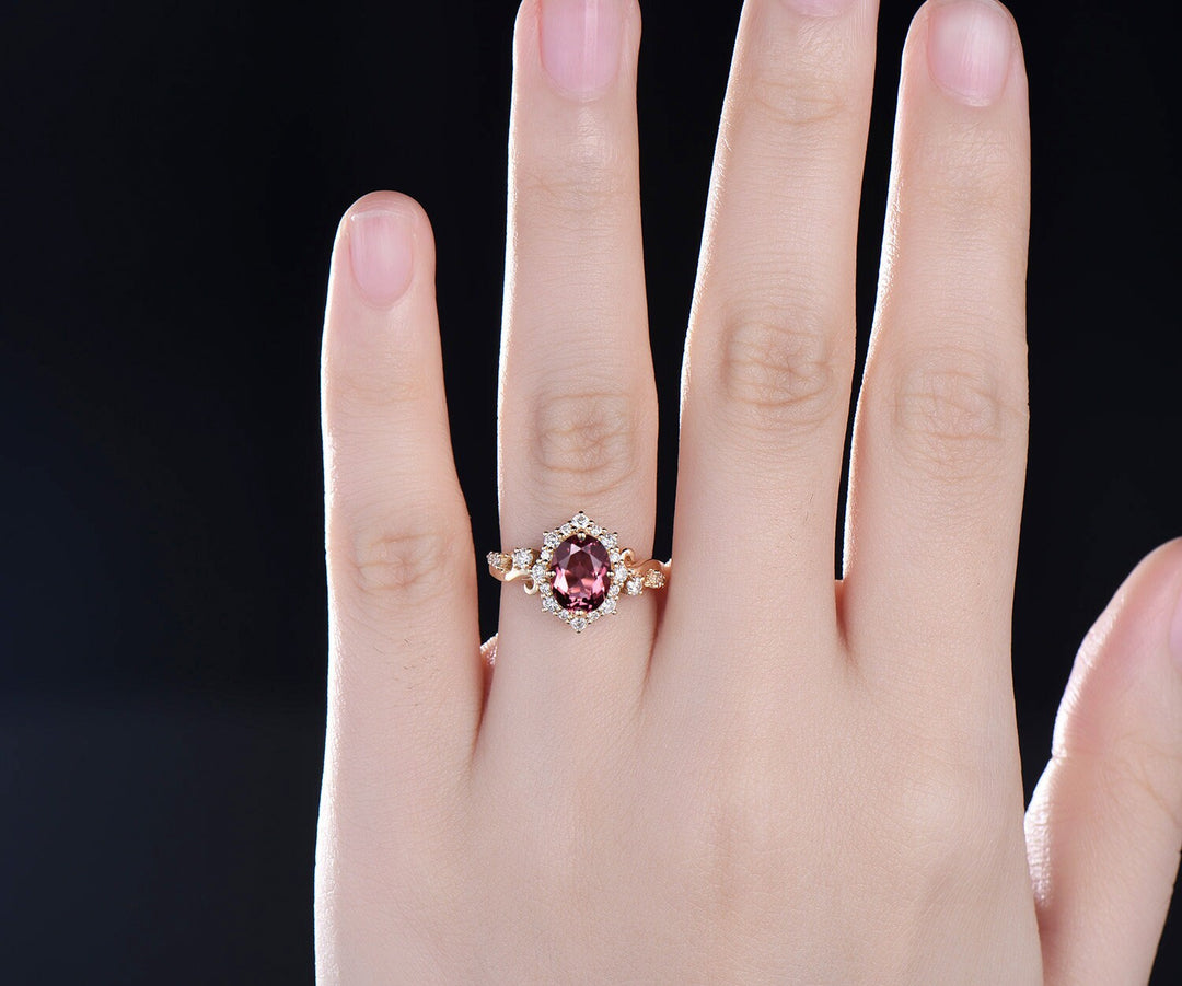 Vintage oval cut pink tourmaline engagement ring solid 14k yellow gold snowdrift halo diamond ring unique bridal ring for women fine jewelry