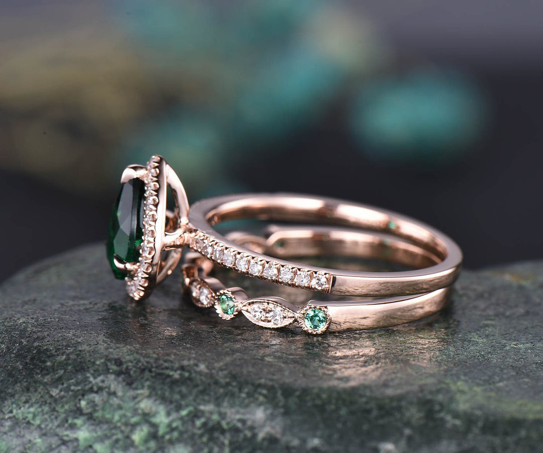 Pear shaped green tourmaline ring rose gold engagement ring set halo diamond ring dainty emerald ring for women bridal set fine jewelry
