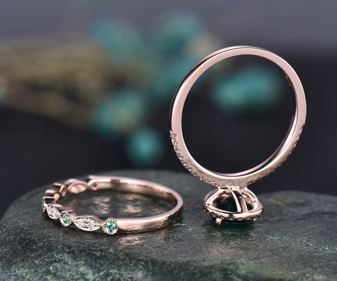 Pear shaped green tourmaline ring rose gold engagement ring set halo diamond ring dainty emerald ring for women bridal set fine jewelry