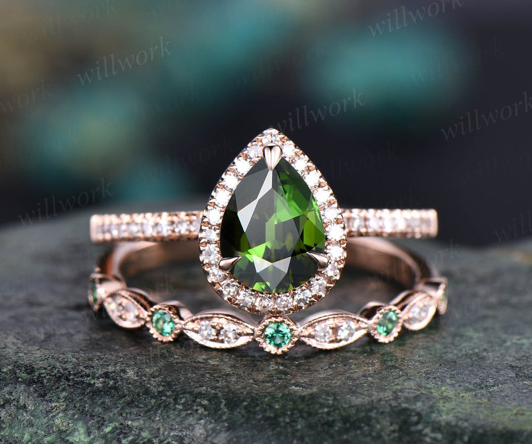 Pear shaped green tourmaline ring rose gold engagement ring set halo diamond ring dainty emerald ring for women bridal set fine jewelry