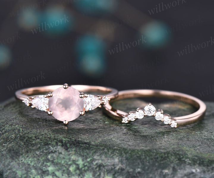 Unique rose quartz wedding ring set vintage rose quartz engagement ring set five stone rose gold ring set moissanite bridal ring set women