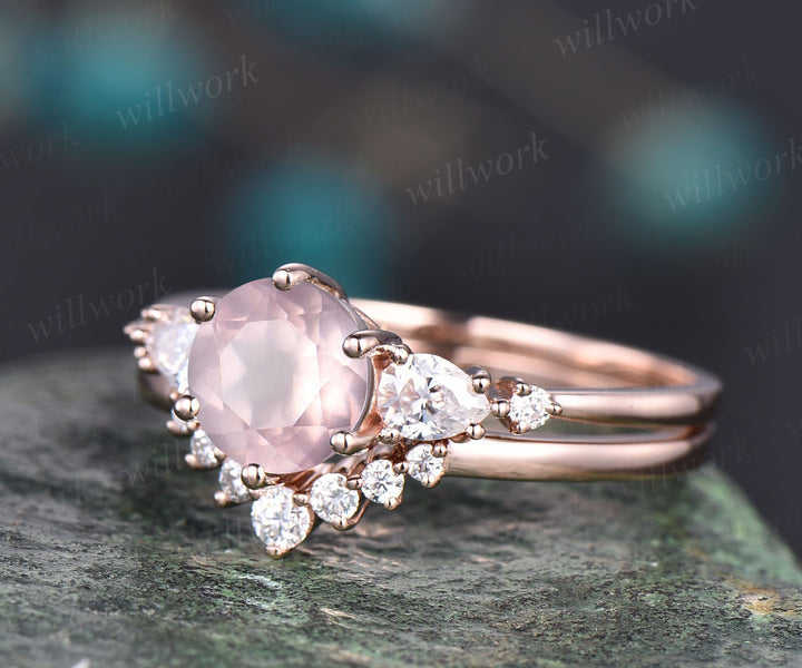 Unique rose quartz wedding ring set vintage rose quartz engagement ring set five stone rose gold ring set moissanite bridal ring set women