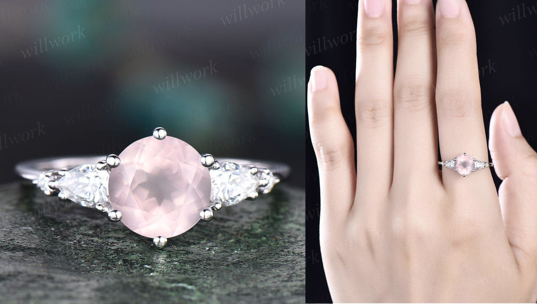 Unique rose quartz wedding ring set vintage rose quartz engagement ring set five stone rose gold ring set moissanite bridal ring set women