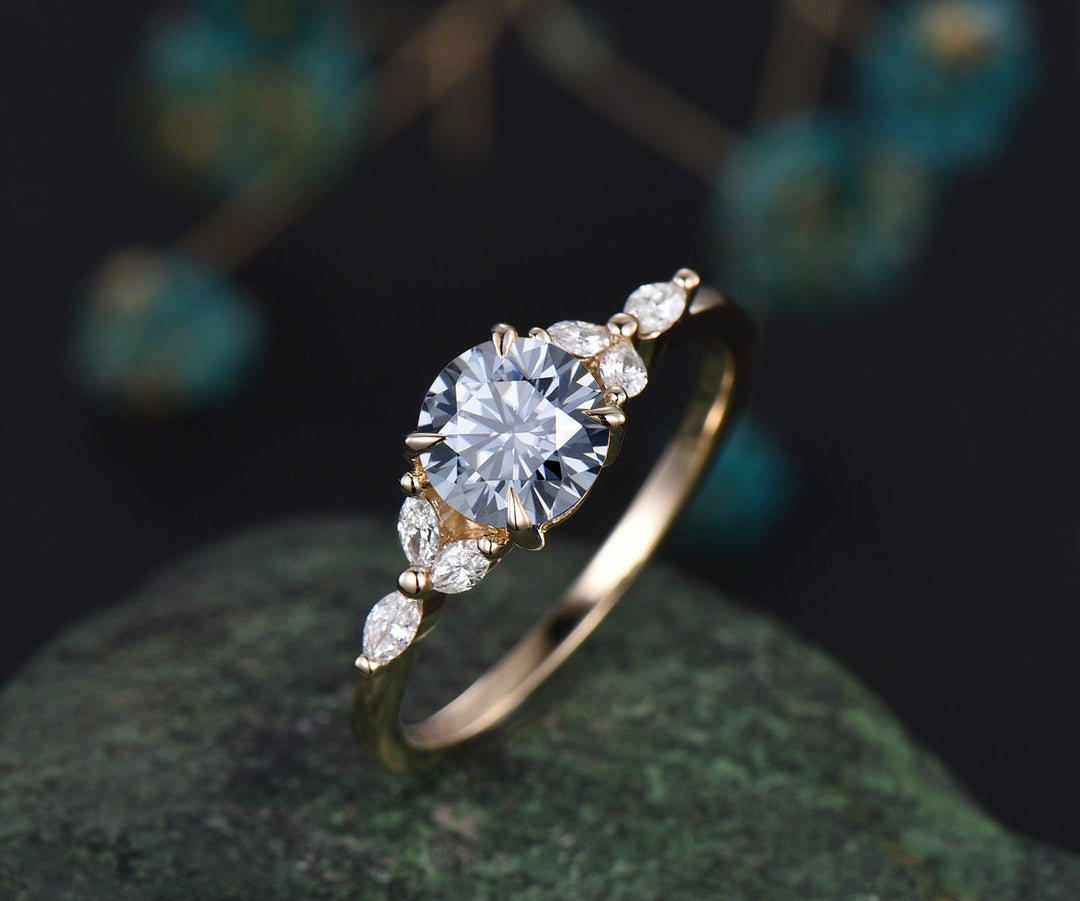 1ct round gray moissanite engagement ring yellow gold dainty cluster marquise cut diamond ring women unique promise anniversary ring gifts