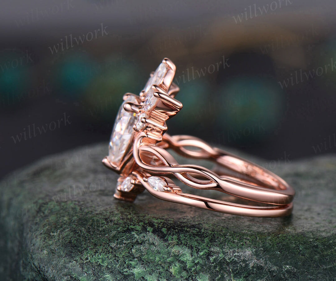 Vintage pear shaped moissanite engagement ring set art deco crown cluster rose gold ring women infinity diamond promise ring set her gift