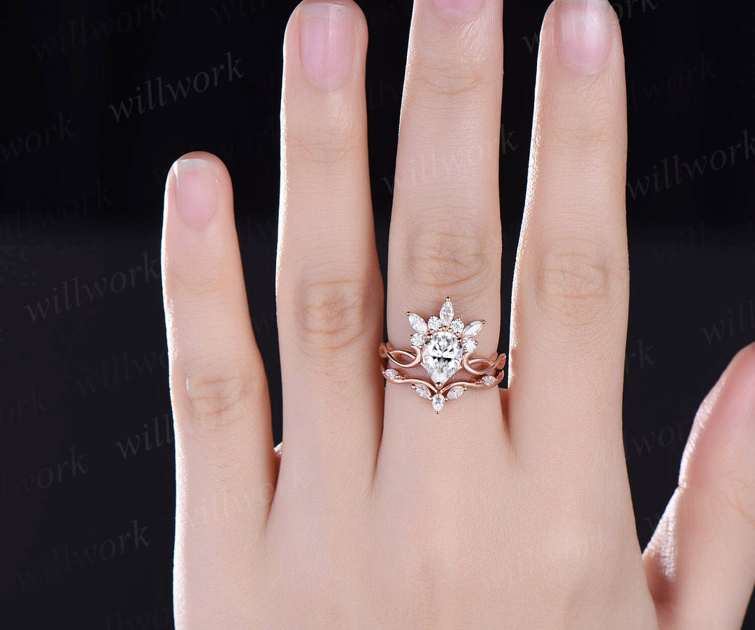 Vintage pear shaped moissanite engagement ring set art deco crown cluster rose gold ring women infinity diamond promise ring set her gift