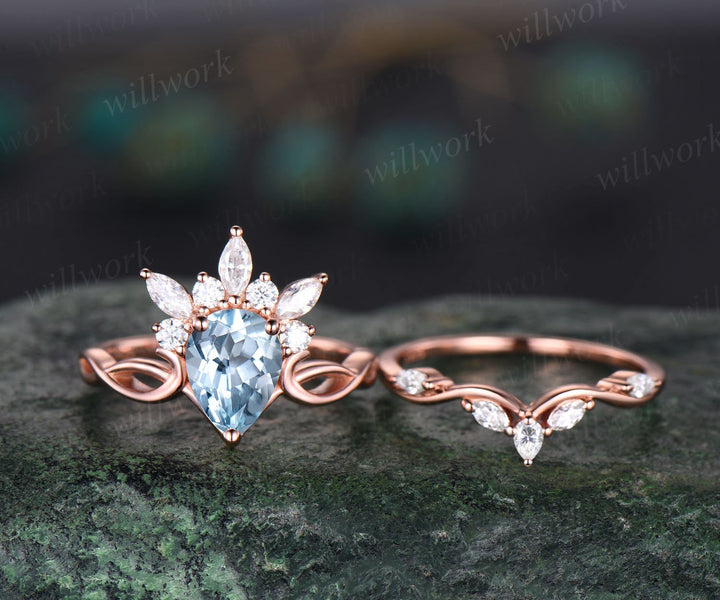 Vintage pear shaped Aquamarine engagement ring set art deco crown cluster rose gold ring women infinity diamond promise ring set her gift
